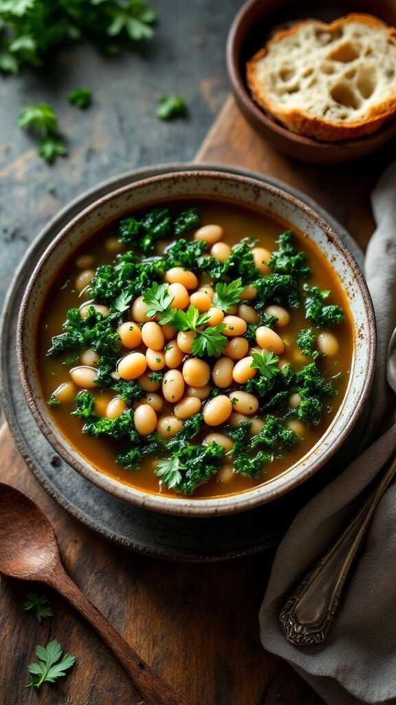 A bowl of kale and white bean soup topped with parsley, accompanied by a piece of bread.