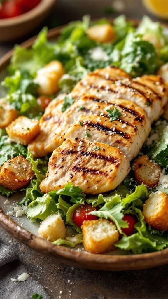 Keto-friendly Caesar salad with grilled chicken on a plate