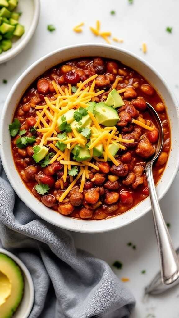 A bowl of keto-friendly chili topped with cheese, avocado, and cilantro.