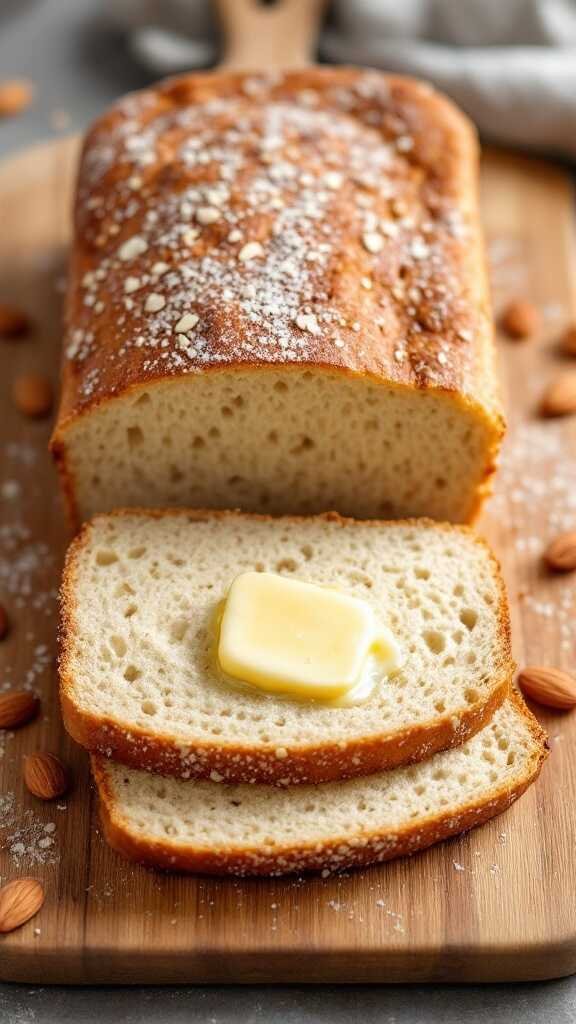 A loaf of baked almond flour bread with slices cut and a pat of butter on one slice.