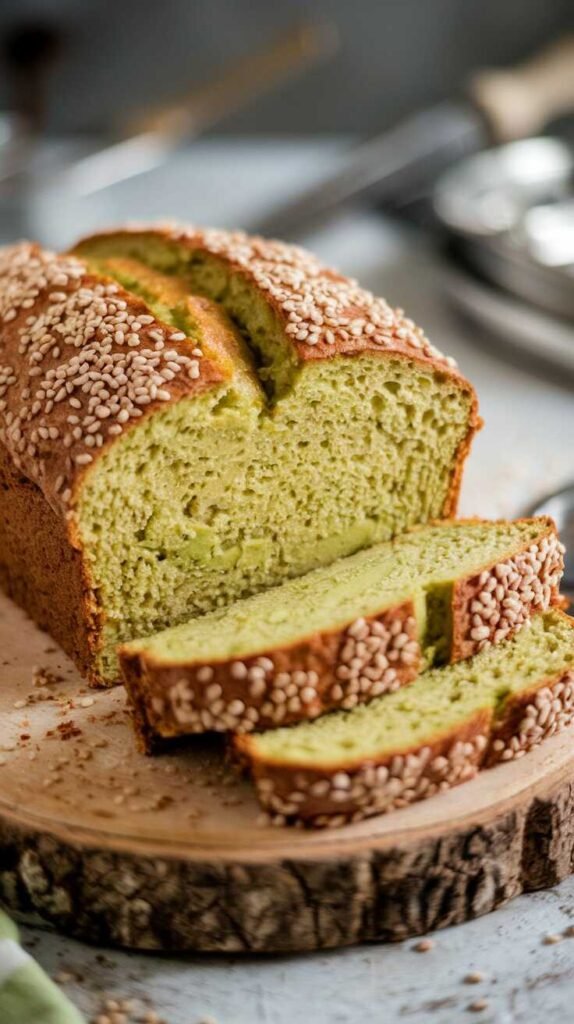 A delicious loaf of keto avocado bread, garnished with avocado slices and herbs.