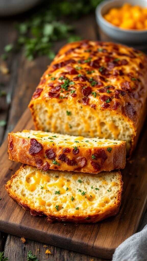 A loaf of Keto Bacon Cheddar Bread, sliced and showing a cheesy texture with bits of bacon.