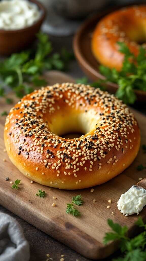 A delicious keto bagel topped with sesame seeds on a wooden surface