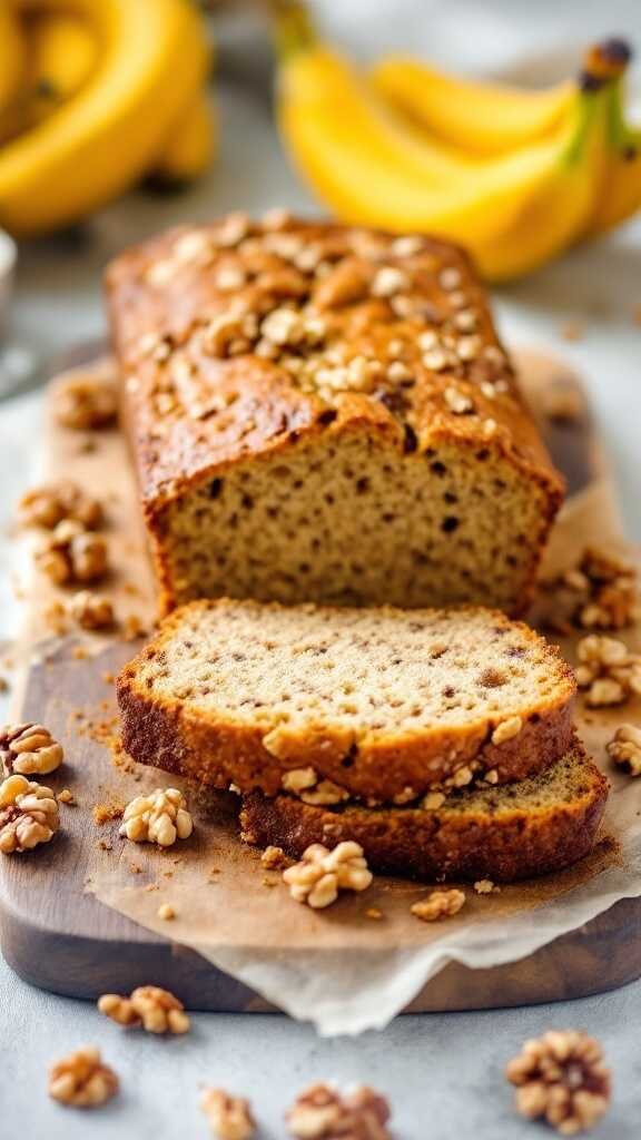 Delicious slices of keto banana bread topped with walnuts on a wooden board.