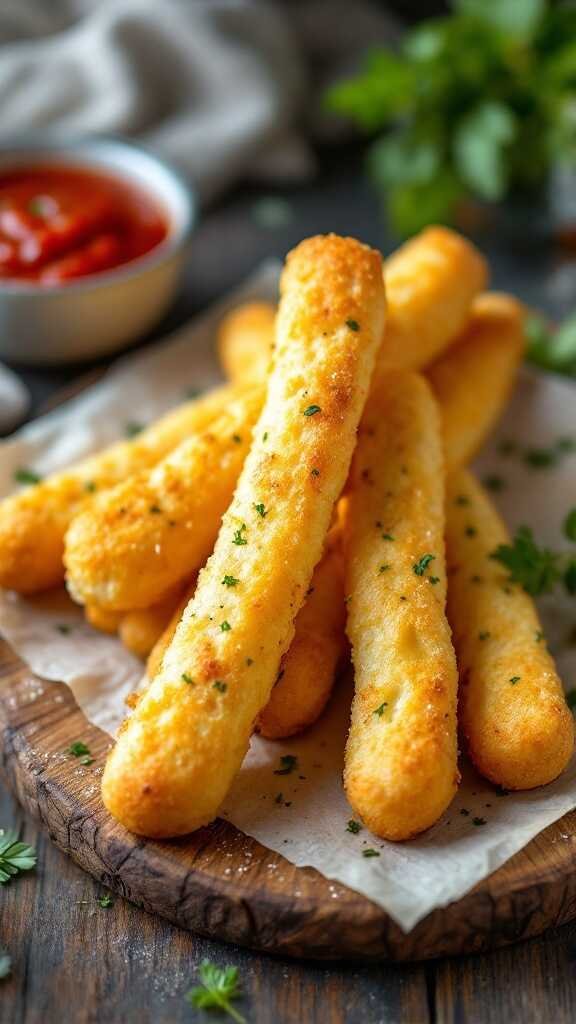 Delicious golden keto breadsticks served with dipping sauce.