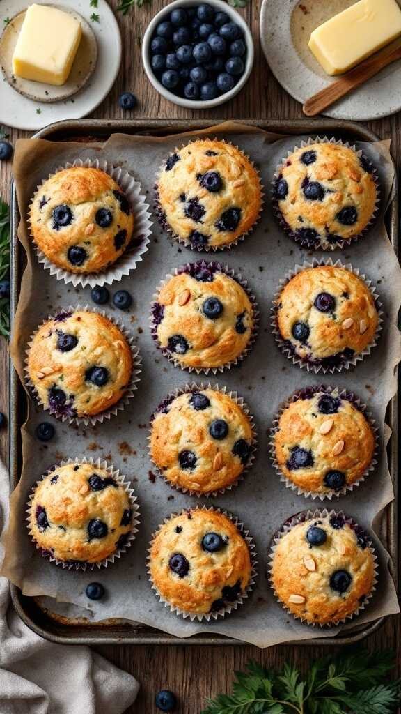 Keto breakfast muffins with blueberries on a baking tray