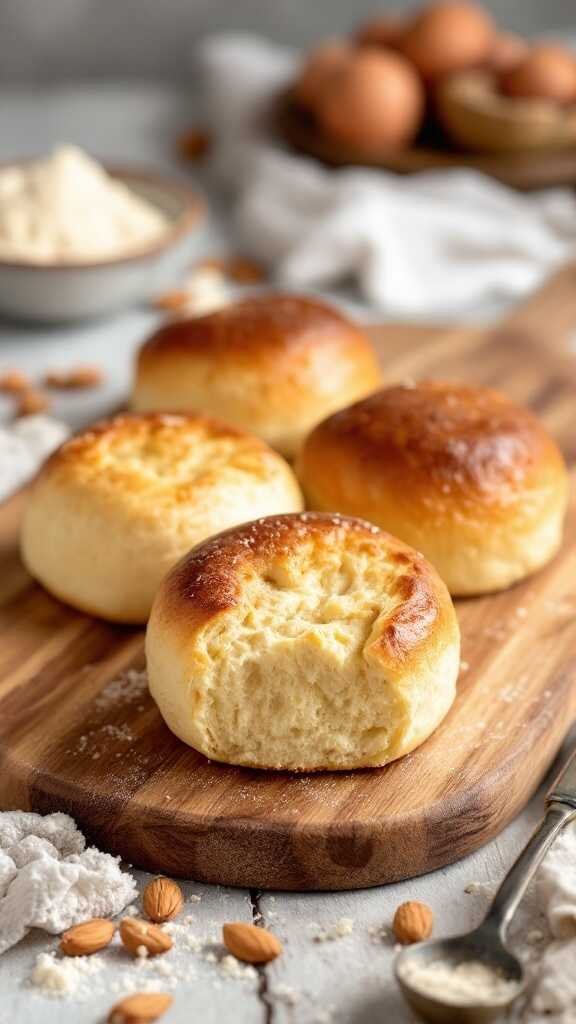 Keto brioche buns on a wooden cutting board.