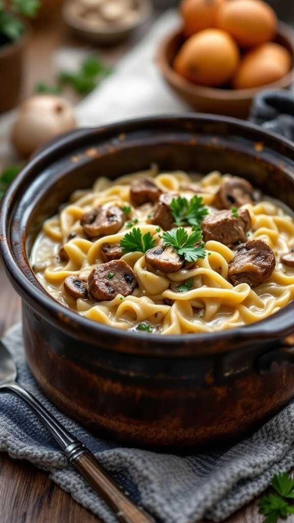 A bowl of keto carnivore stroganoff with beef, mushrooms, and a creamy sauce, topped with fresh herbs.