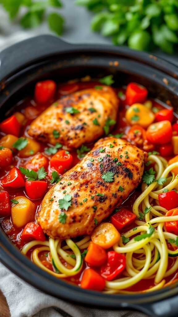 A dish of Keto Chicken Cacciatore in a crockpot with chicken, tomatoes, and vegetables.