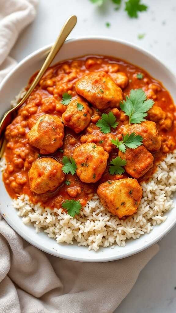 A bowl of keto Chicken Tikka Masala with tender chicken pieces in a rich tomato cream sauce, garnished with cilantro, served over cauliflower rice.