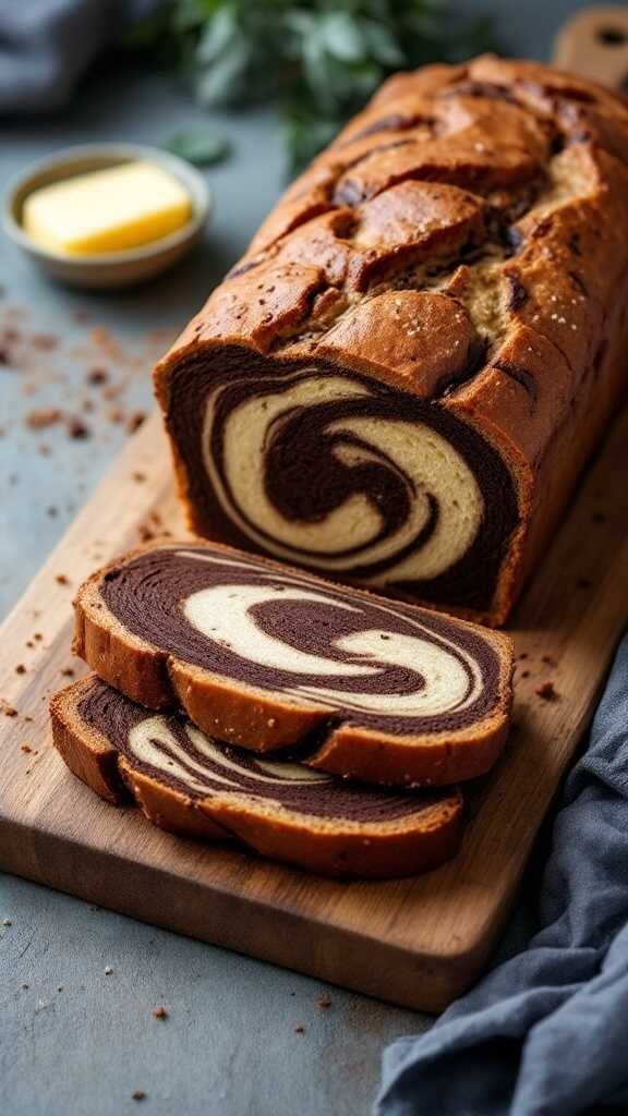 Sliced keto chocolate marble bread on a wooden board