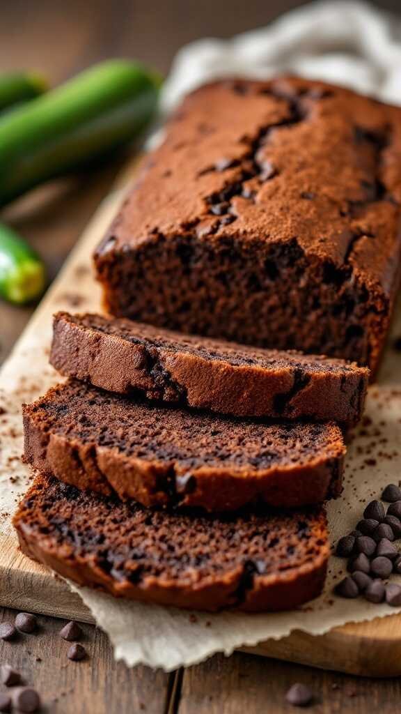 Deliciously sliced keto chocolate zucchini bread on a wooden board with chocolate chips