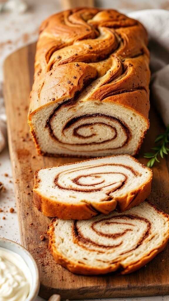 A loaf of keto cinnamon swirl bread sliced to show the swirl inside.