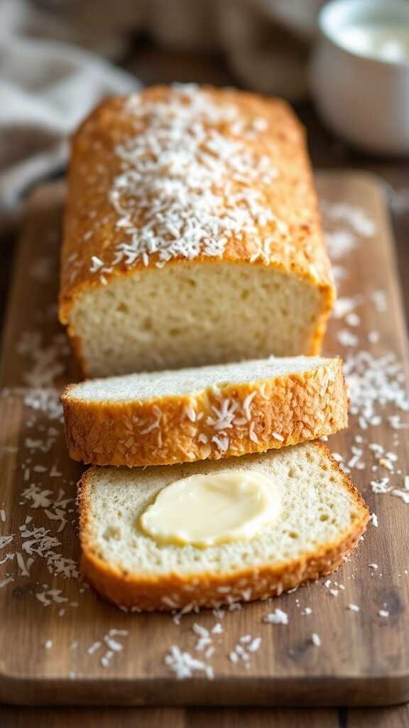 A loaf of keto coconut bread with slices cut and butter spread on top.