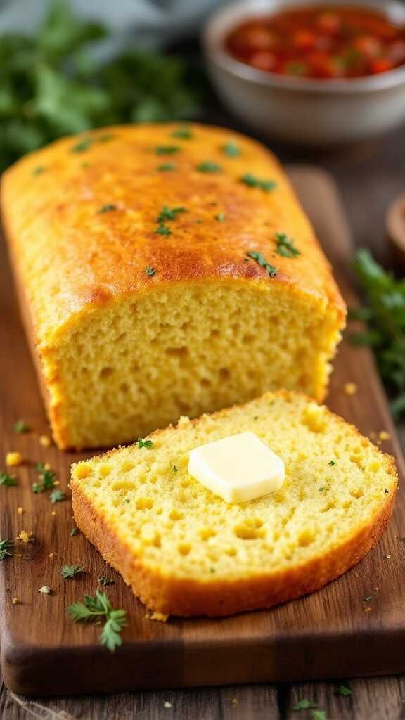 A loaf of keto cornbread sliced with a pat of butter on top