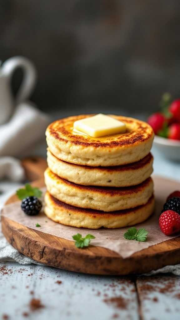 Delicious keto english muffins stacked on a wooden board with a pat of butter on top.