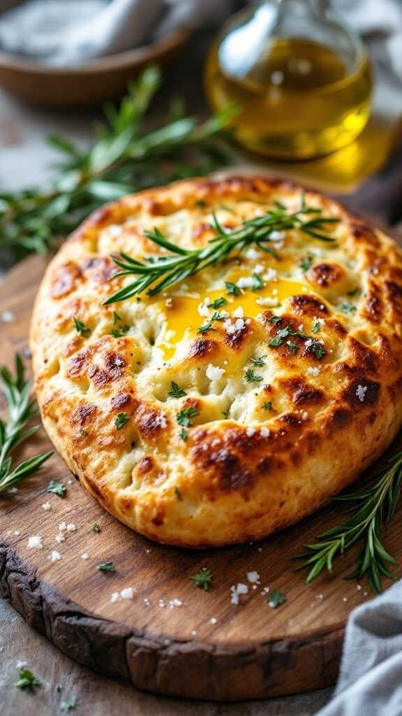 A delicious looking keto focaccia bread topped with herbs and an egg yolk.