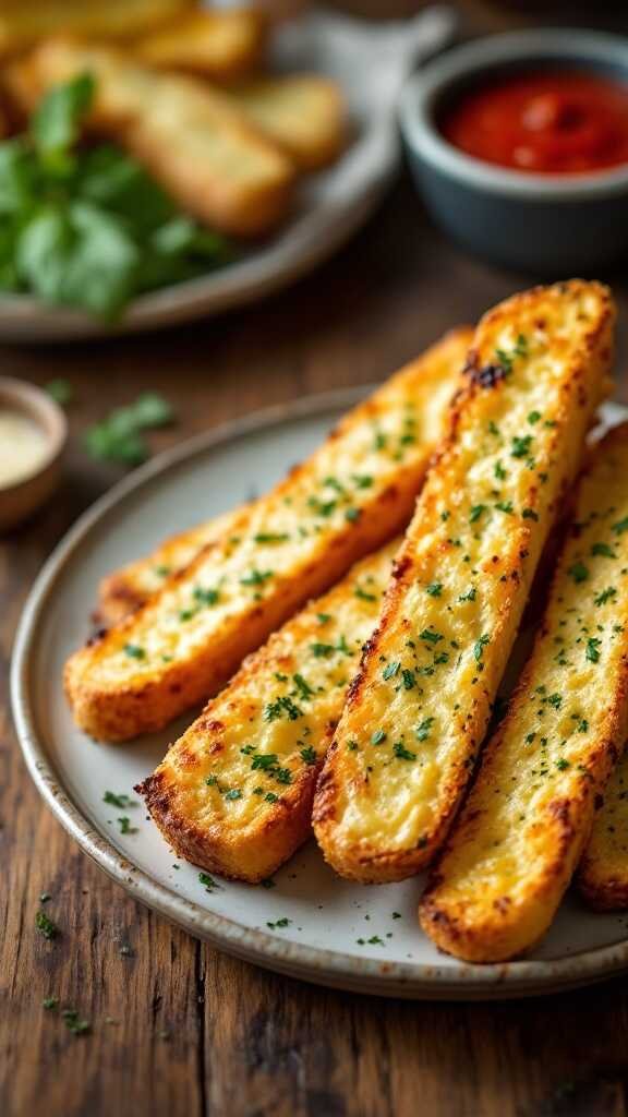 Plate of golden-brown garlic breadsticks, garnished with parsley.