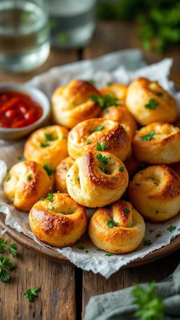 Keto garlic knots served on a wooden plate garnished with parsley.