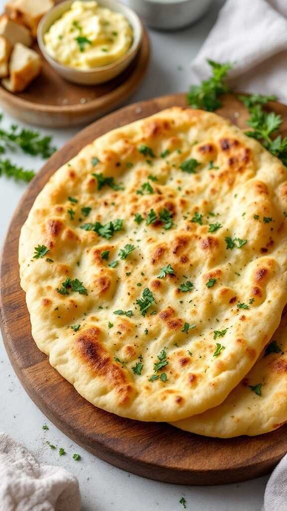 Freshly made keto garlic naan bread garnished with parsley