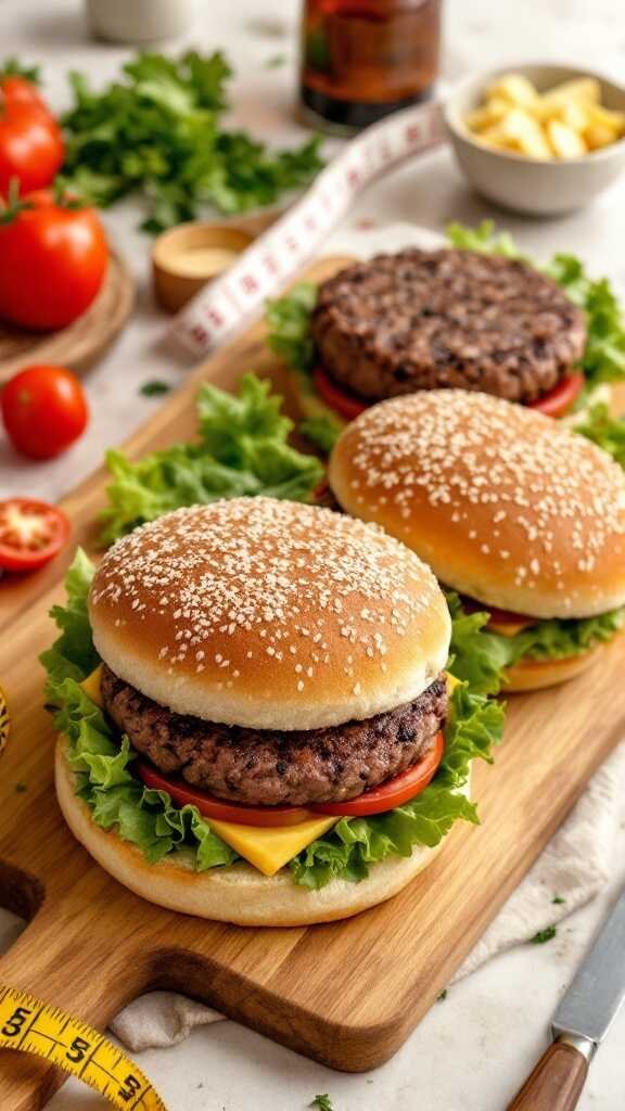 Keto hamburger buns on a wooden board with fresh ingredients.