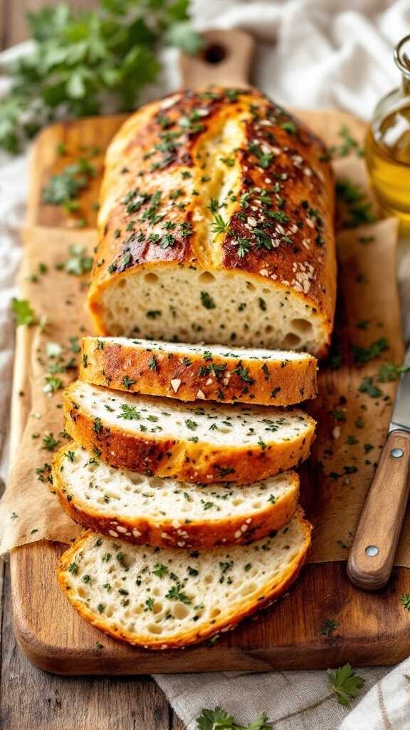 Homemade Keto Italian Herb Bread sliced on a wooden board