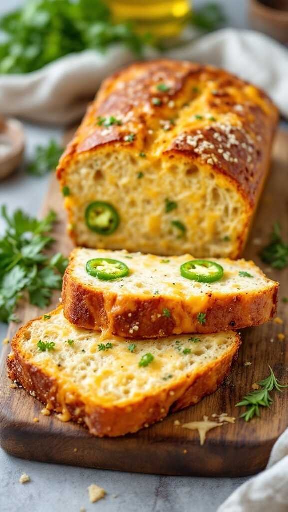 Keto Jalapeño Cheddar Bread slices on a wooden board