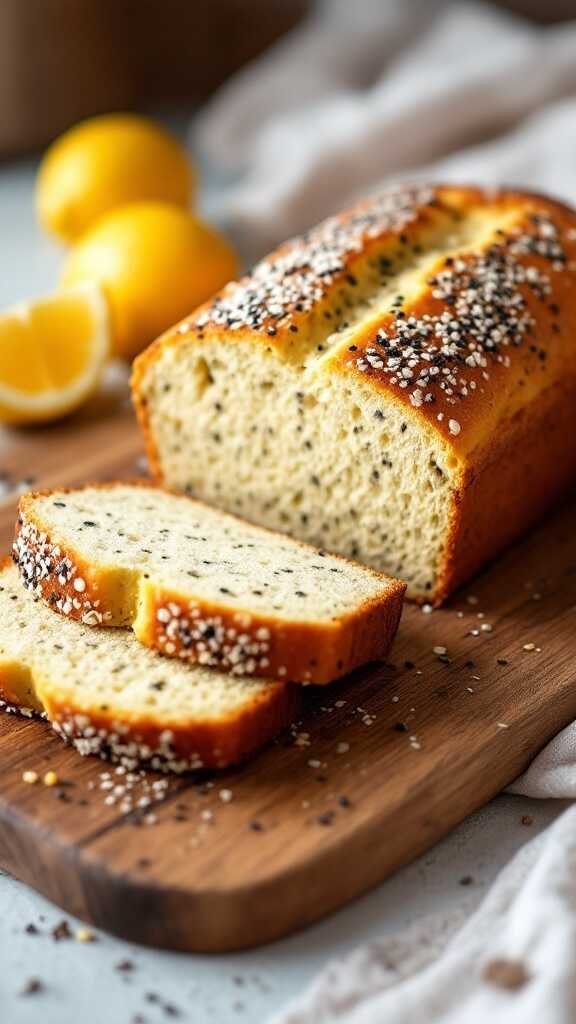 Slices of lemon poppy seed bread on a wooden cutting board with lemons in the background.
