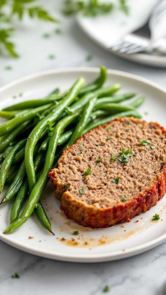 A plate of keto meatloaf with green beans