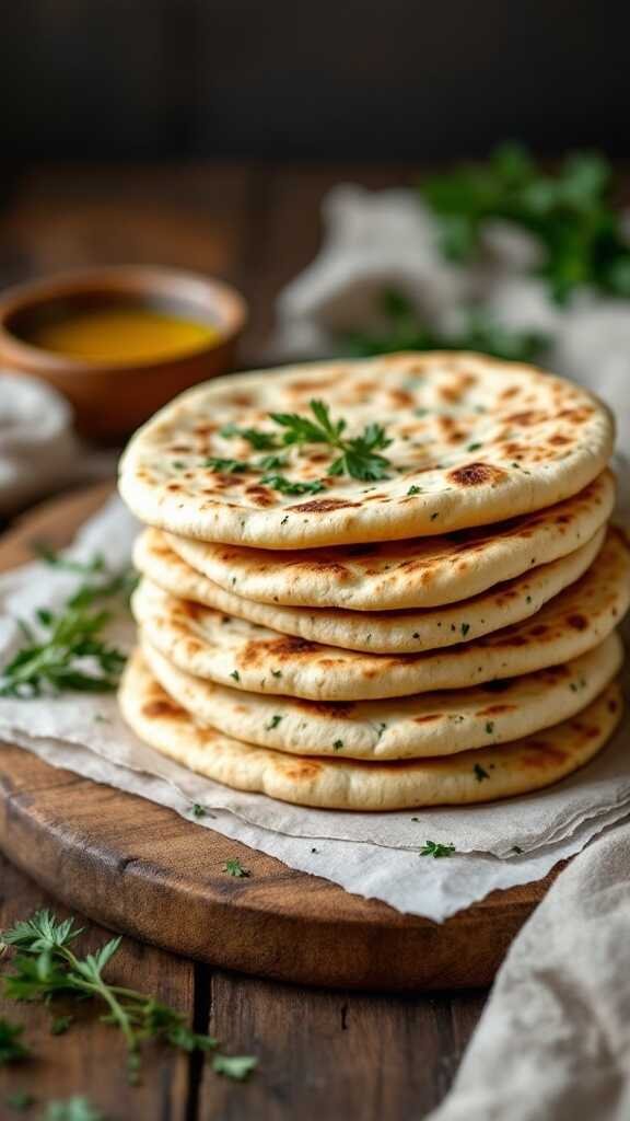 Keto pita bread stacked on a wooden board with fresh herbs