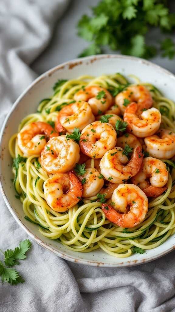 A delicious plate of keto shrimp scampi served over zucchini noodles.