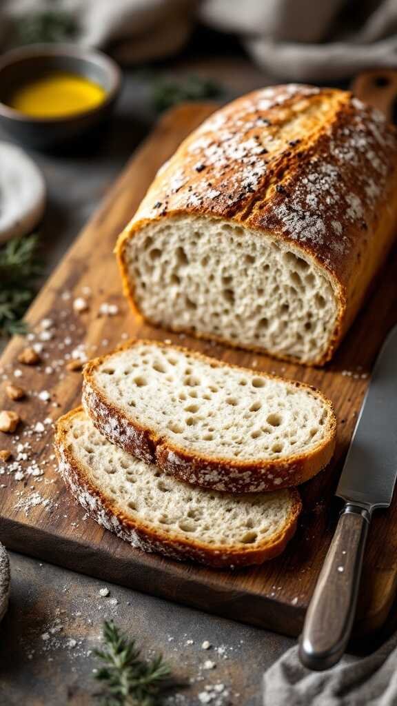 Sliced keto sourdough bread on a wooden cutting board