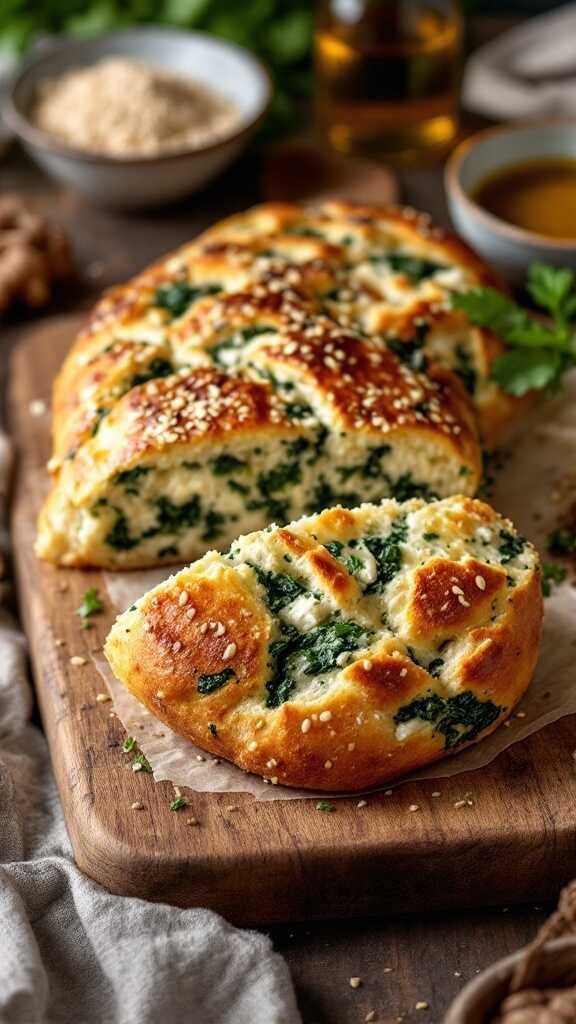 A sliced loaf of Keto Spinach Feta Bread showcasing its green spinach and feta filling.