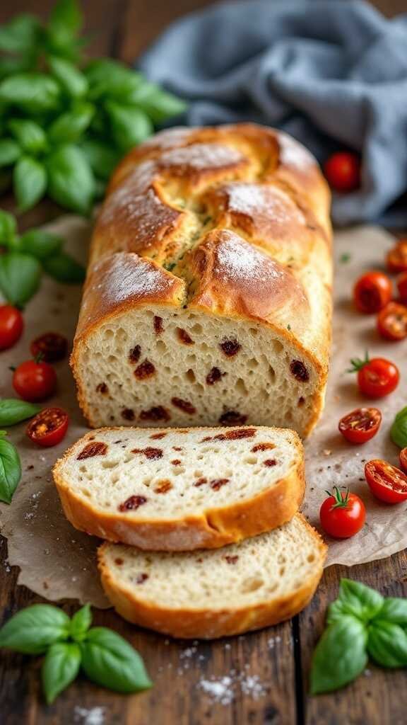 A loaf of homemade keto sun-dried tomato and basil bread, sliced and displayed with fresh ingredients.