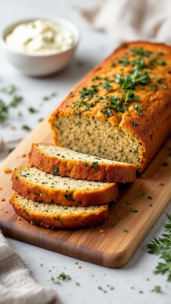 Sliced keto zucchini bread with herbs on a wooden board