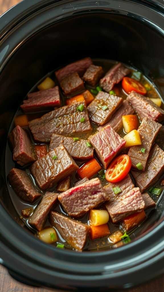 A delicious serving of Korean Beef Bulgogi in a crockpot with vegetables.