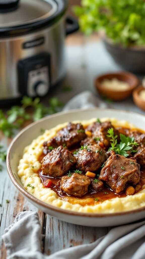 A delicious bowl of lamb served over creamy cauliflower mash