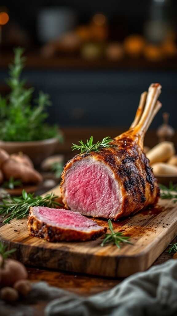 A beautifully cooked lamb shoulder garnished with rosemary, sliced and presented on a wooden cutting board.