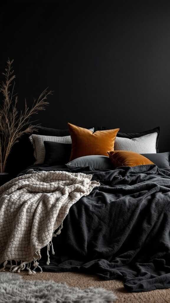 A cozy dark bedroom setup with layered textures, featuring pillows and blankets in various shades.