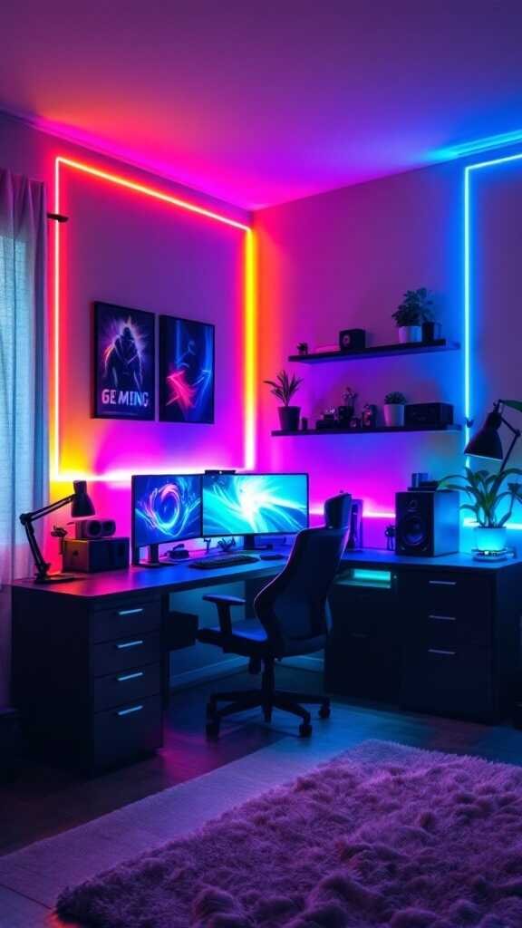 A modern gaming bedroom with colorful LED lighting, featuring a gaming setup with dual monitors, plants, and a cozy rug.