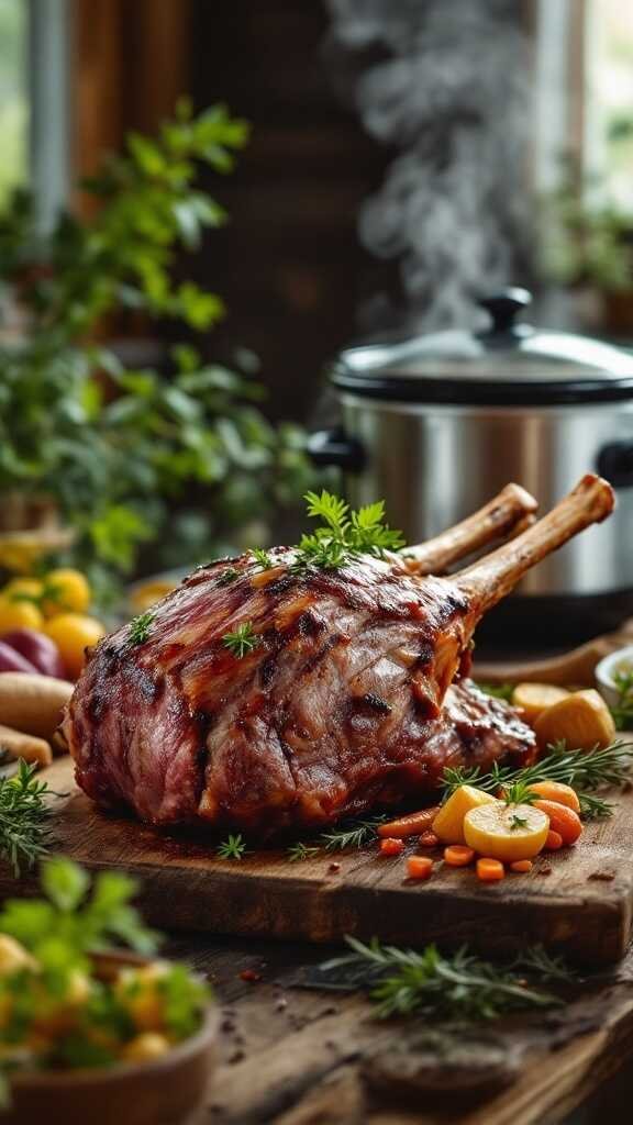 Delicious slow-cooked leg of lamb with herbs and vegetables