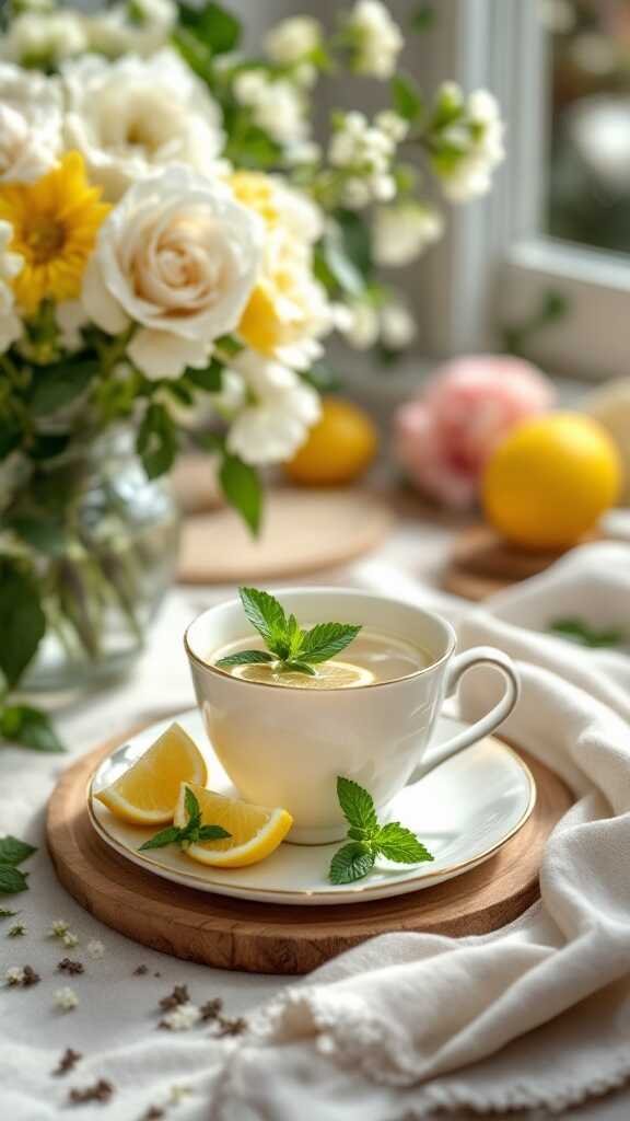 A cup of lemon-mint infused tea or coffee with lemon and mint garnishes.