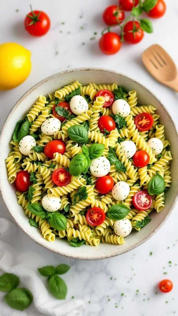 A colorful Lemon Basil Pesto Pasta Salad with cherry tomatoes and mozzarella balls.