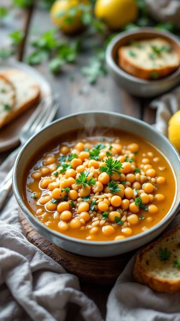 A warm bowl of lemon chickpea orzo soup garnished with parsley.