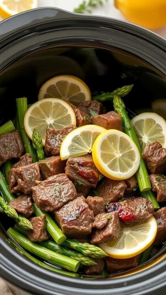 A delicious serving of lemon garlic beef with asparagus in a slow cooker.