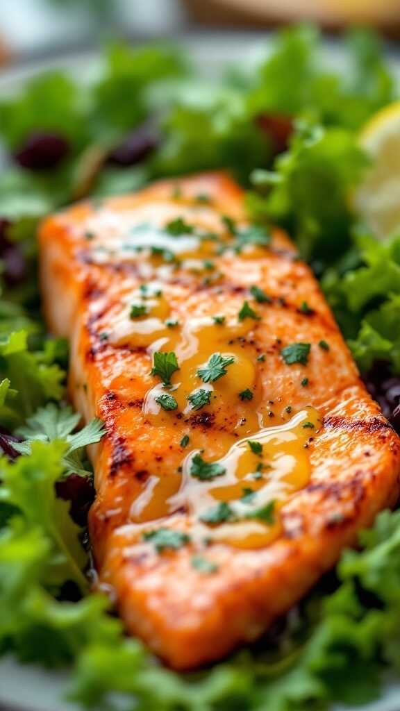 Lemon Herb Grilled Salmon on a bed of greens.