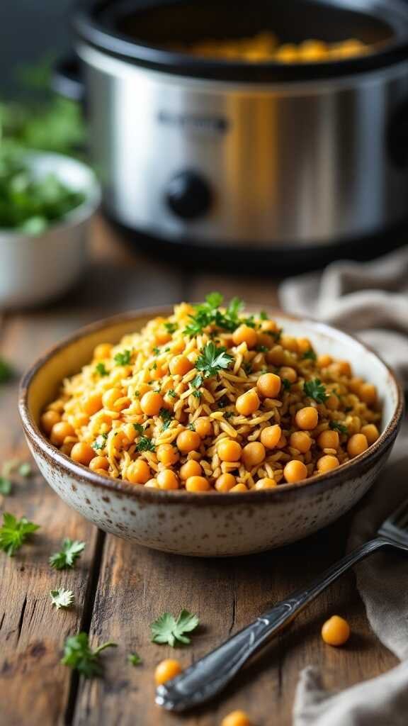 A bowl of Lemon Herb Rice with Chickpeas garnished with parsley.