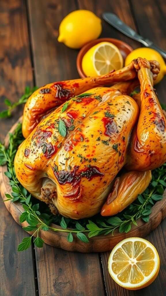 A whole rotisserie chicken with lemon and herbs garnished on a wooden plate.