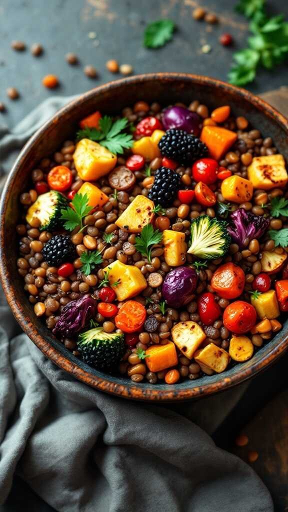 A nutritious lentil and roasted vegetable bowl, colorful and appetizing.