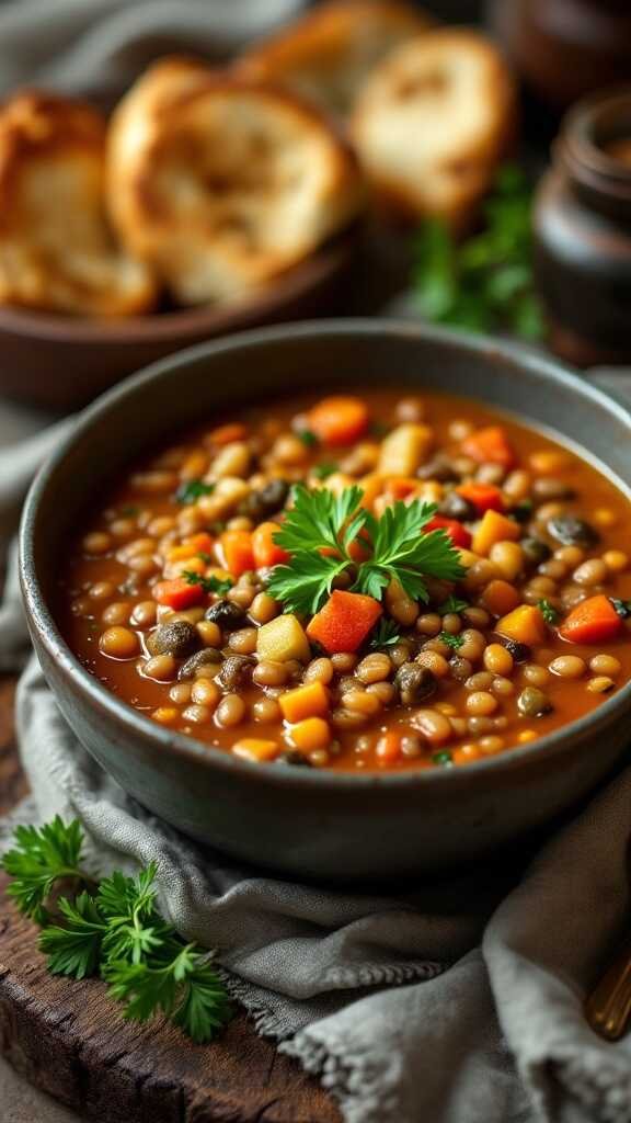 A bowl of hearty lentil and vegetable soup garnished with parsley, served with bread.